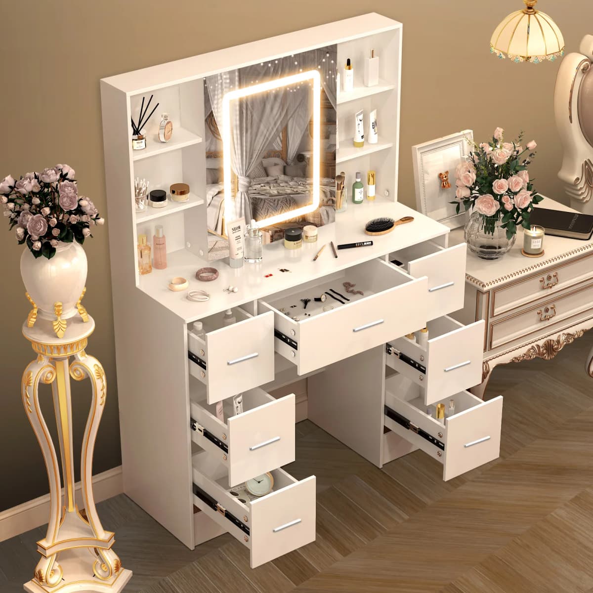 Large Makeup Vanity Desk with LED Hollywood Mirror, Lighted Dressing Table Set with Storage Drawers, Bedroom Vanity Table for Women
