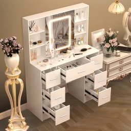 Large Makeup Vanity Desk with LED Hollywood Mirror, Lighted Dressing Table Set with Storage Drawers, Bedroom Vanity Table for Women