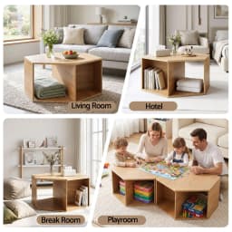 Hexagonal Coffee Table Wooden Center Table with Open Storage Two Way Display Side Table for Living Room