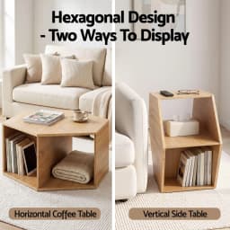 Hexagonal Coffee Table Wooden Center Table with Open Storage Two Way Display Side Table for Living Room