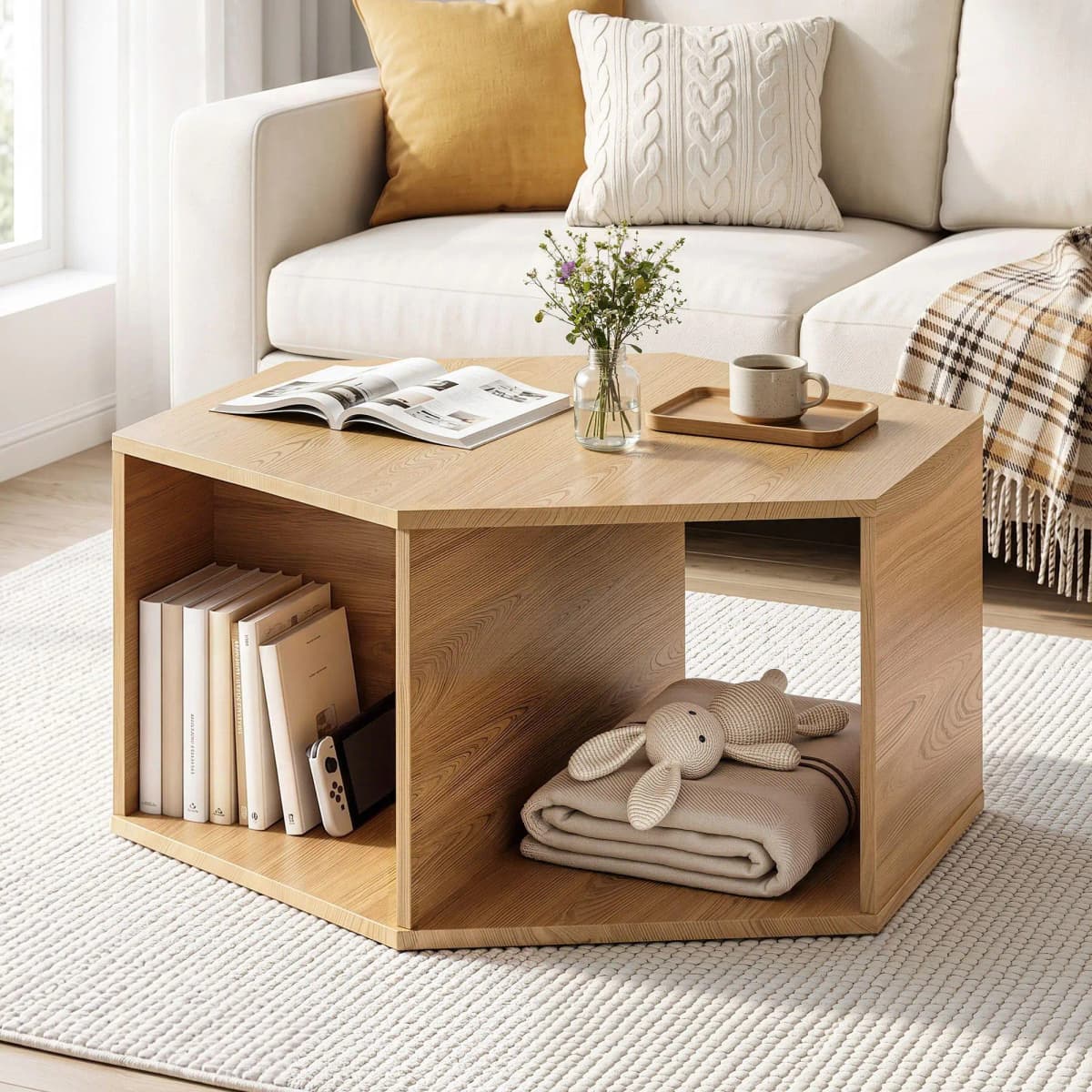 Hexagonal Coffee Table Wooden Center Table with Open Storage Two Way Display Side Table for Living Room
