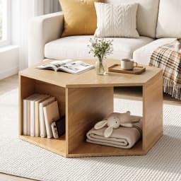 Hexagonal Coffee Table Wooden Center Table with Open Storage Two Way Display Side Table for Living Room
