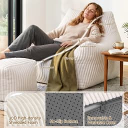 Oversized Corduroy Bean Bag Sofa with Ottoman White for adults Teens