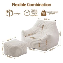 Oversized Corduroy Bean Bag Sofa with Ottoman White for adults Teens