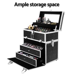 Portable Cosmetic Makeup Carry Case with Mirror Crocodile Black Travel Beauty Organizer Box