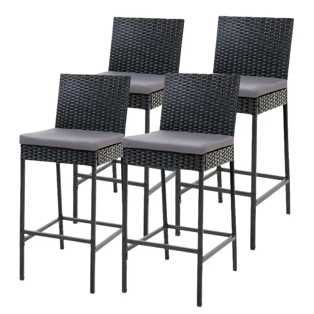 Set of 4 Outdoor Rattan Bar Stools Patio Dining Chairs Modern Wicker Bar Height Furniture for Garden Balcony and Patio