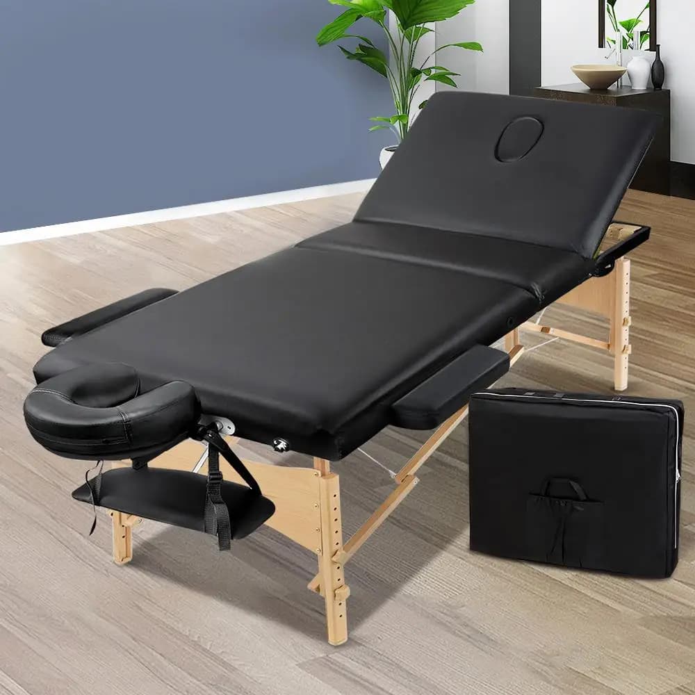 Portable 75cm 3 Fold Wooden Massage Table Beauty Bed Black Foldable Spa Treatment Table