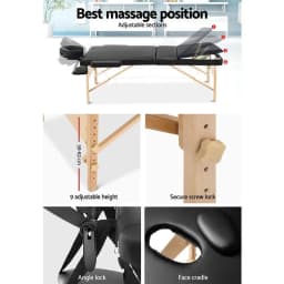 Portable 75cm 3 Fold Wooden Massage Table Beauty Bed Black Foldable Spa Treatment Table