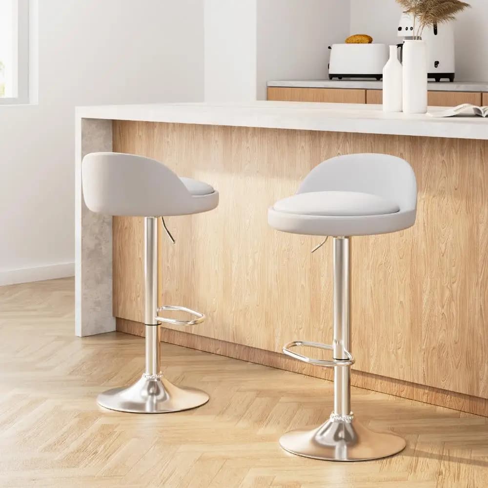 Set of 2 Adjustable PU Leather Bar Stools Gas Lift White Kitchen Counter Chairs