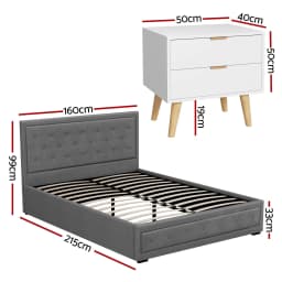 Upholstered Queen Gas Lift Storage Bed Frame with 2 Drawer Bedside Table Set Modern Space Saving Bedroom Furniture Set