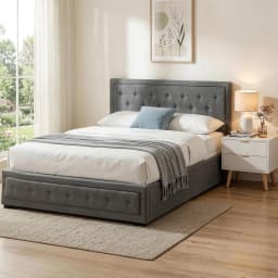 Upholstered Queen Gas Lift Storage Bed Frame with 2 Drawer Bedside Table Set Modern Space Saving Bedroom Furniture Set