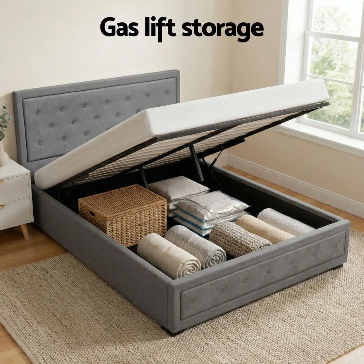 Upholstered Queen Gas Lift Storage Bed Frame with 2 Drawer Bedside Table Set Modern Space Saving Bedroom Furniture Set