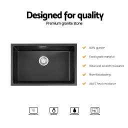 Black Granite Kitchen Sink 70x45 cm Single Bowl Durable Stone Sink for Modern Kitchen