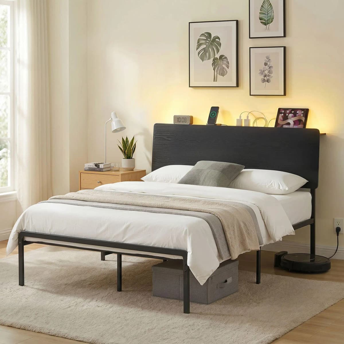 Queen Size LED Metal Bed Frame with Charging Station Sturdy Platform Bed Base Modern Bedroom Furniture