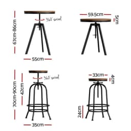 Industrial Bar Table Stools Set Adjustable High Dining Kitchen Chairs for Cafe Pub Home Use Metal Frame Modern Seat Set