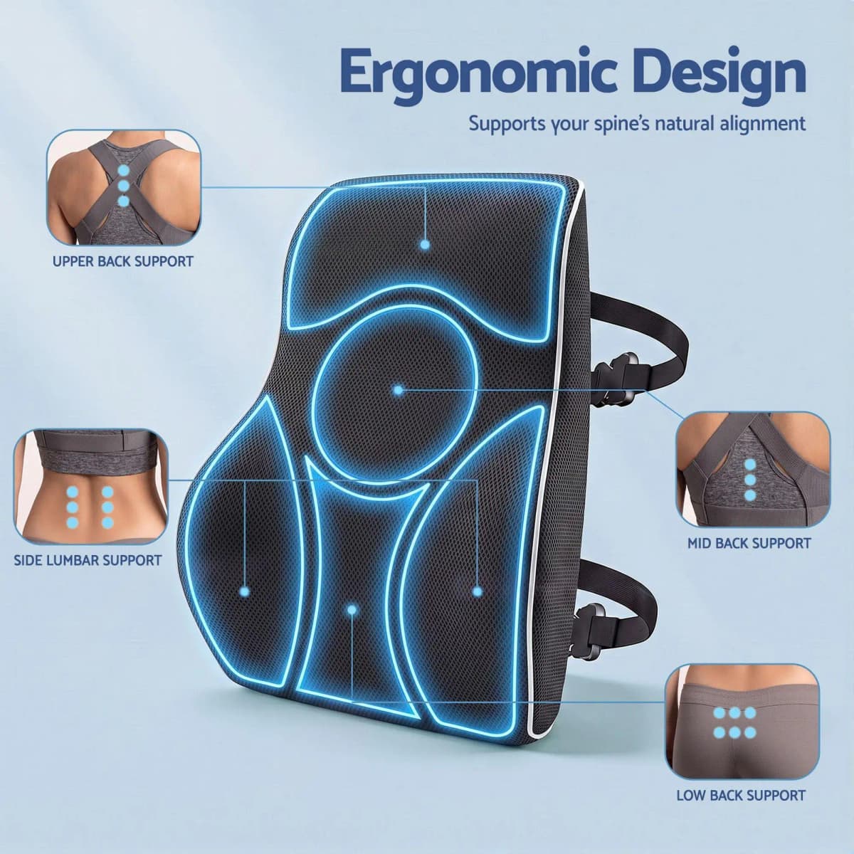 Ergonomic Memory Foam Lumbar Support Cushion for office Chair Car and Home Breathable for back Pillow with Adjustable Straps