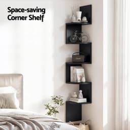 Wall Mounted Corner Bookshelf 5 Tier Black Floating Storage Shelf For Living Room Bedroom Office