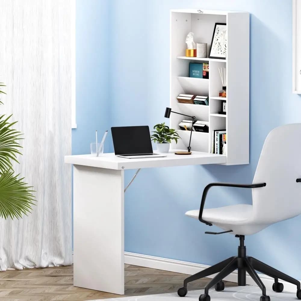 Computer Desk Wall Mounted Bookshelf White Space Saving Storage Rack for Home Office Use