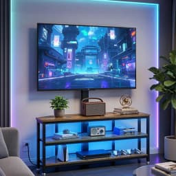 Corner TV Stand for 32 to 70 Inch TVs with Mount LED Lights Power Outlet Space Saving Entertainment Center and Storage Shelves