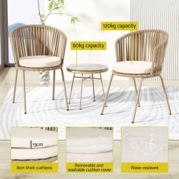 3 Piece Outdoor Bistro Set Patio Furniture Rope Chairs and Table Beige