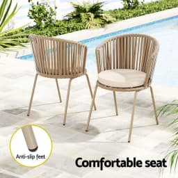 3 Piece Outdoor Bistro Set Patio Furniture Rope Chairs and Table Beige