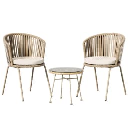 3 Piece Outdoor Bistro Set Patio Furniture Rope Chairs and Table Beige