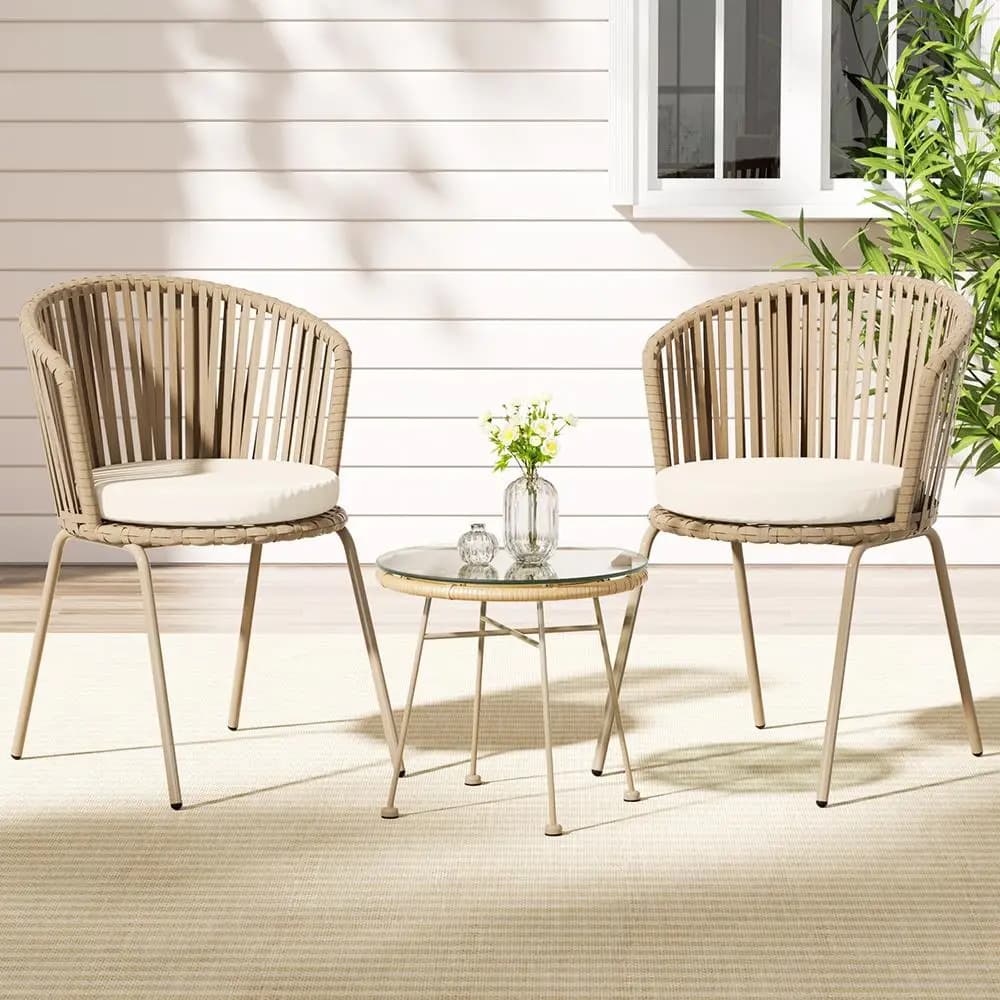 3 Piece Outdoor Bistro Set Patio Furniture Rope Chairs and Table Beige