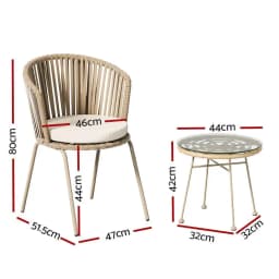 3 Piece Outdoor Bistro Set Patio Furniture Rope Chairs and Table Beige