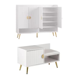 Adjustable Shoe Storage Cabinet Bench for Hallway Living Room White Wooden Organizer with Shelf and Seating