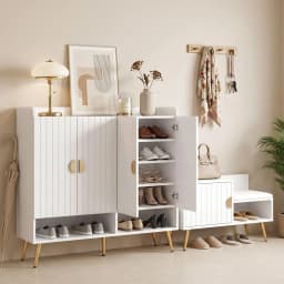 Adjustable Shoe Storage Cabinet Bench for Hallway Living Room White Wooden Organizer with Shelf and Seating