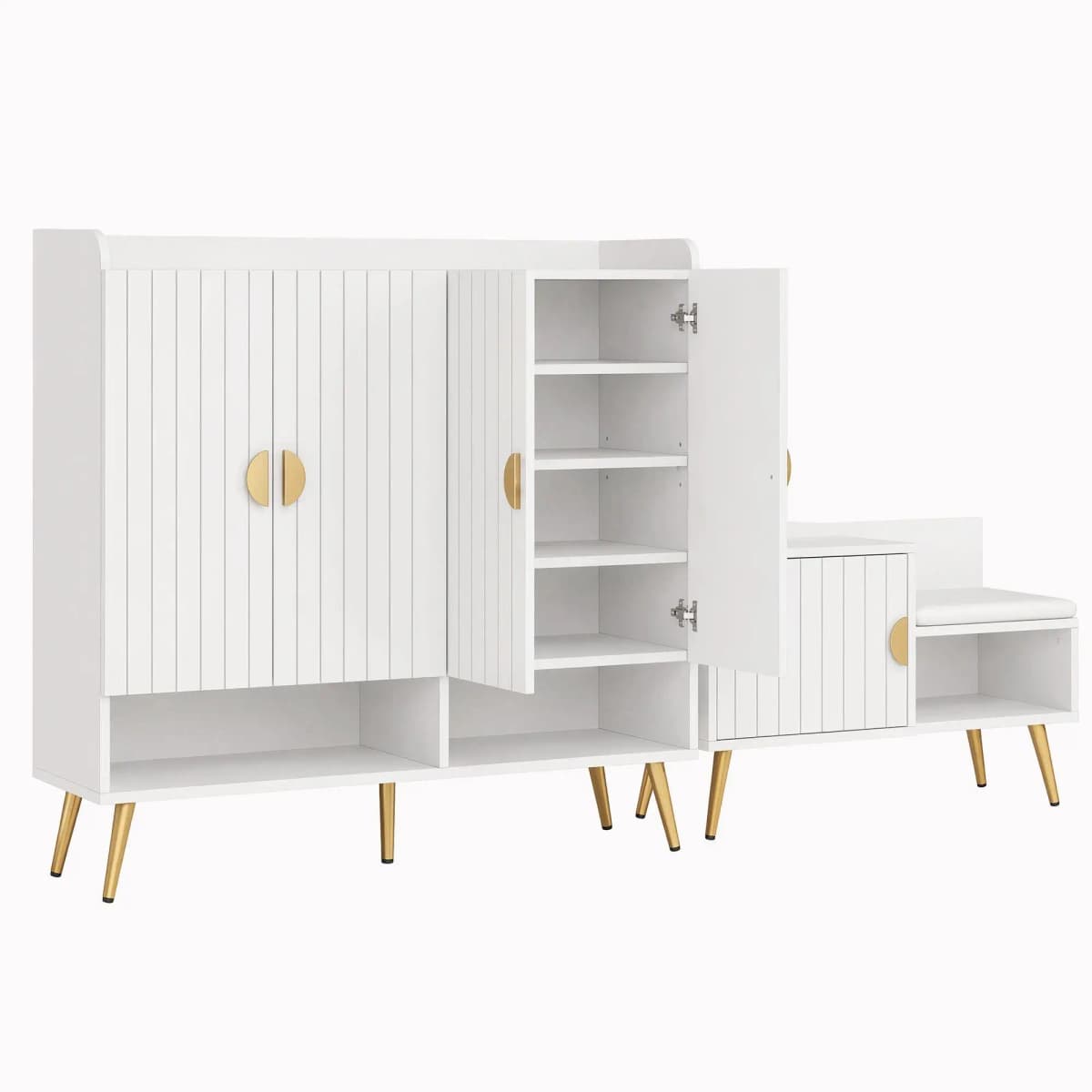Adjustable Shoe Storage Cabinet Bench for Hallway Living Room White Wooden Organizer with Shelf and Seating