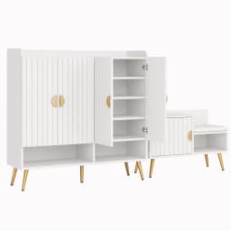 Adjustable Shoe Storage Cabinet Bench for Hallway Living Room White Wooden Organizer with Shelf and Seating