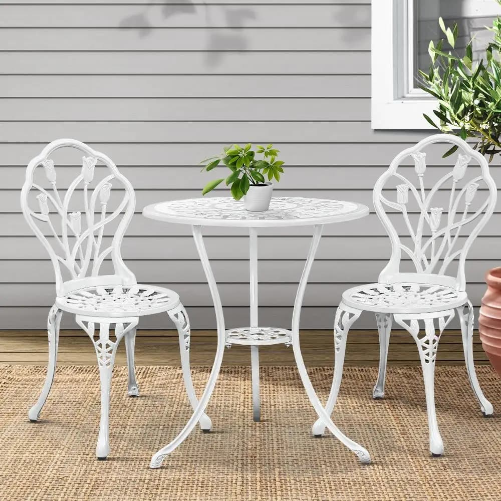 3 Piece Outdoor Bistro Set Cast Aluminum Patio Furniture Tulip White Chairs and Table