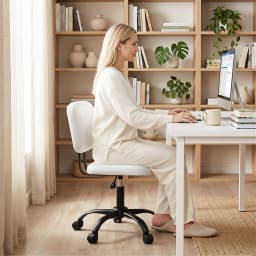 Armless White Office Chair with Wheels Ergonomic PU Leather Adjustable Swivel Task Chair for home Study and Small Spaces