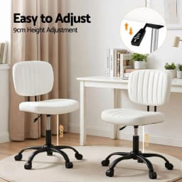 Armless White Office Chair with Wheels Ergonomic PU Leather Adjustable Swivel Task Chair for home Study and Small Spaces