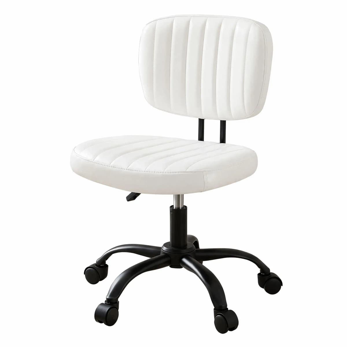 Armless White Office Chair with Wheels Ergonomic PU Leather Adjustable Swivel Task Chair for home Study and Small Spaces