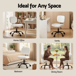Armless White Office Chair with Wheels Ergonomic PU Leather Adjustable Swivel Task Chair for home Study and Small Spaces