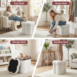 Foldable Storage Ottoman Footstool White Padded Seat Bench Organizer for Bedroom Living Room Home
