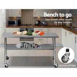 1829x610mm Stainless Steel Kitchen Workbench with Wheels 430 Grade Mobile Prep Table