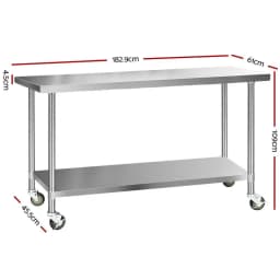 1829x610mm Stainless Steel Kitchen Workbench with Wheels 430 Grade Mobile Prep Table