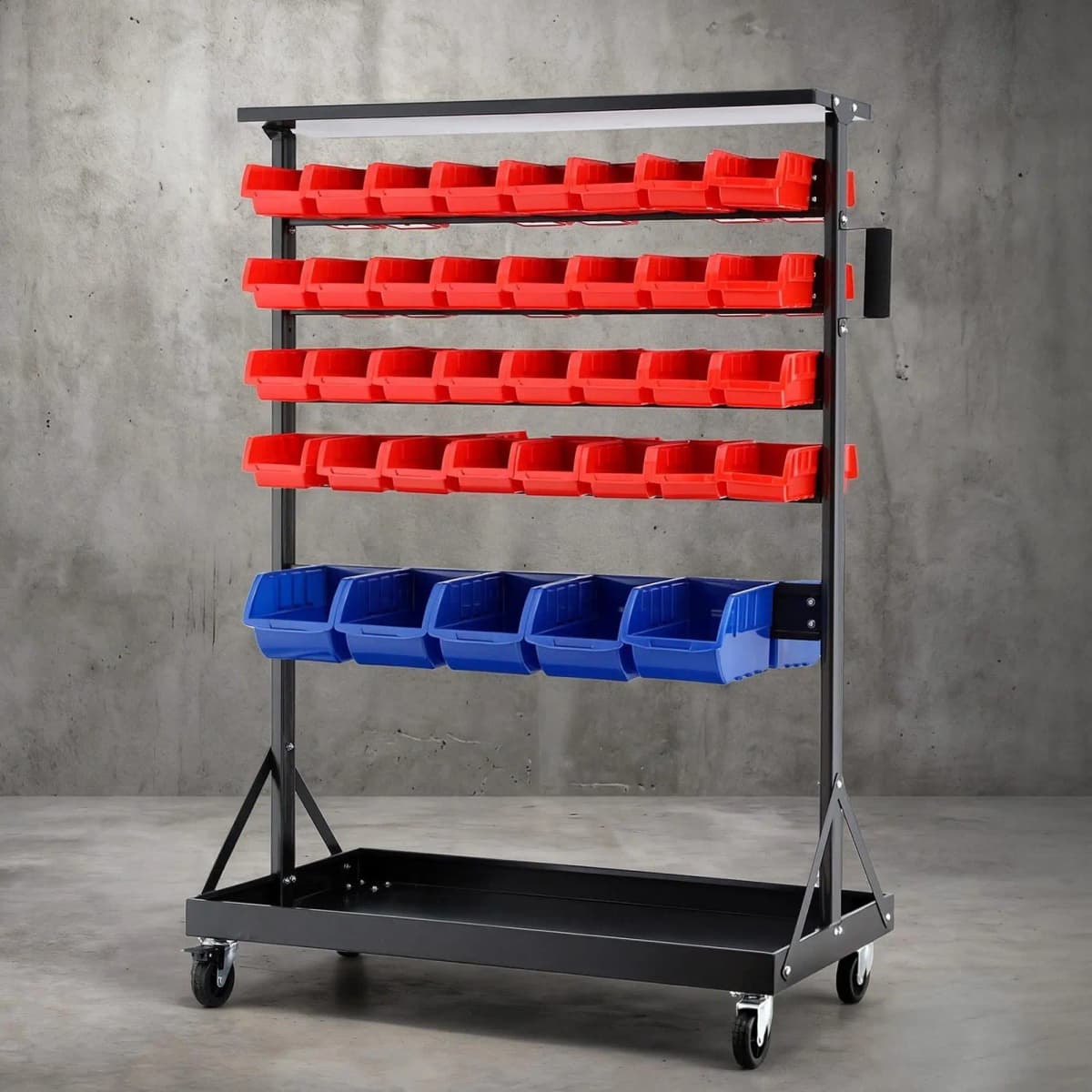 74 Bin Double Sided Mobile Storage Rack Garage Workshop Tool Organizer with Casters for Small Parts Hardware and Accessories