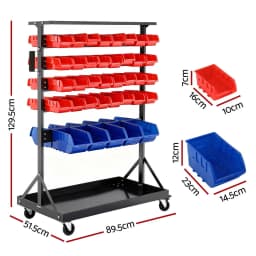 74 Bin Double Sided Mobile Storage Rack Garage Workshop Tool Organizer with Casters for Small Parts Hardware and Accessories