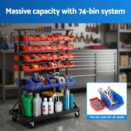 74 Bin Double Sided Mobile Storage Rack Garage Workshop Tool Organizer with Casters for Small Parts Hardware and Accessories