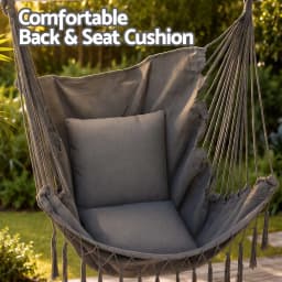 Hammock Chair Camping Macrame Hanging Swing Cushion Metal Bar Grey Cotton Rope Patio Relaxing Seat Indoor Outdoor Swing Chair