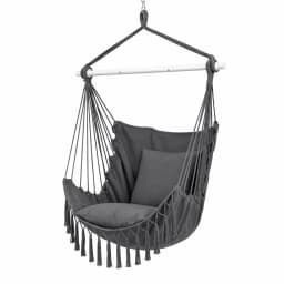 Hammock Chair Camping Macrame Hanging Swing Cushion Metal Bar Grey Cotton Rope Patio Relaxing Seat Indoor Outdoor Swing Chair