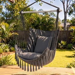 Hammock Chair Camping Macrame Hanging Swing Cushion Metal Bar Grey Cotton Rope Patio Relaxing Seat Indoor Outdoor Swing Chair