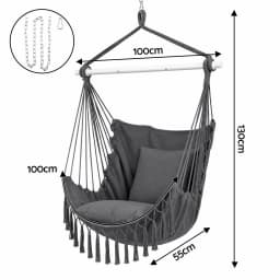 Hammock Chair Camping Macrame Hanging Swing Cushion Metal Bar Grey Cotton Rope Patio Relaxing Seat Indoor Outdoor Swing Chair