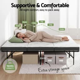 Double Folding Bed with Mattress Portable Guest Bed Bamboo Cover Space Saving Foldable Sleeping Cot for Home Office Travel and Visitors