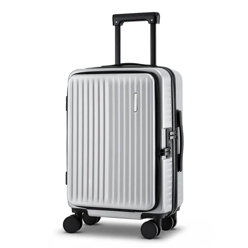 20 Inch Silver Carry On Luggage Suitcase with Front Pocket Dual TSA Lock Lightweight Travel Hard Shell Spinner Cabin Bag