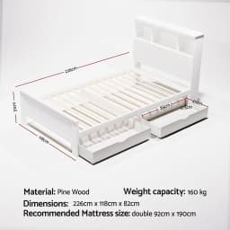 King Single Wooden Bed Frame with 2 Storage Drawers White Space Saving Bedroom Platform Bed Base